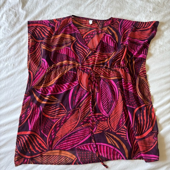 Old Navy Swimsuit Beach Cover Up Orange and Pink Leaves Tunic Pull Over size S - Picture 1 of 5
